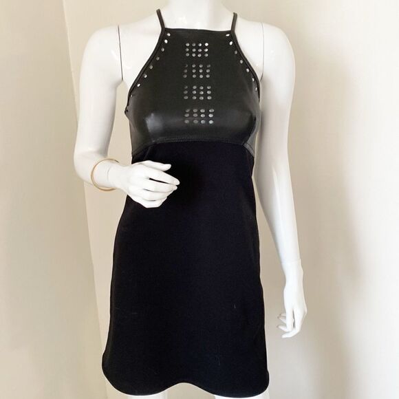 Vintage 90s Y2K Morgan De Toi Faux Vegan Leather Perforated Top Mini Dress - Picture 1 of 5